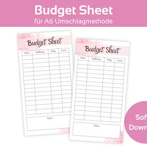 May include: Two printable budget sheets with a pink watercolor background. The sheets are titled "Budget Sheet" and have columns for date, description, amount, and total. The text "Sofort Download" is in the lower right corner.