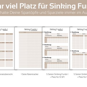 May include: A printable budget planner with a beige background and black text. The planner is divided into four sections: "Sinking Funds!" with a monthly calendar, "Sinking Funds!" with a rate tracker, "Sinking Funds!" with a table for tracking expenses, and "Sinking Funds 2" with a table for tracking expenses. The text "Sehr viel Platz f&uuml;r Sinking Funds" is at the top of the page, and the text "Behalte Deine Spart&ouml;pfe und Sparziele immer im Auge" is below it.