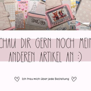 May include: A flat lay image of various stationery items, including a pink pencil case with the text "Spa&szlig; gekl" on it, a clear pencil case with the text "Teamwork" on it, a notebook with the text "Emma" on it, and a notebook with a floral pattern. The text "SCHAU DIR GERN NOCH MEINE ANDEREN ARTIKEL AN :)" is written in black on a pink background. The text "Ich freu mich &uuml;ber jede Bestellung" is written in black on a white background with a heart on either side.