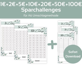 1 + 2 + 5 + 10 + 20 + 50 + 100 Euro Savings Challenge Set Eucalyptus Challenges for Saving | For A6 Zipper Envelope Method | Instant PDF Download