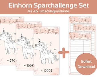 Desafío de ahorro de unicornio establecido con rastreador | Desafío de ahorro | Método del sobre de sobres A6 de estética en carpeta de presupuesto | Descarga de PDF digitales