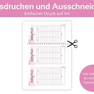 May include: Printable sinking fund tracker with a pink watercolour design. The tracker is divided into three sections, each with the title "Sinking Fund". The tracker includes lines for recording dates, amounts, and descriptions. The page is designed to be cut out after printing.