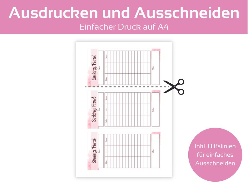 May include: Printable sinking fund tracker with a pink watercolour design. The tracker is divided into three sections, each with the title "Sinking Fund". The tracker includes lines for recording dates, amounts, and descriptions. The page is designed to be cut out after printing.
