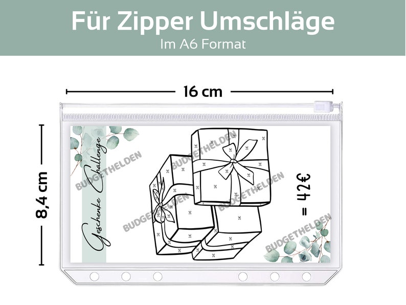 May include: A clear plastic zippered pouch with a white card inside. The card has a black and white illustration of two wrapped gifts with a bow on top. The card also has the text "Geschenke Challenge" and "32&euro;". The pouch is 8.4 inches by 16 inches.