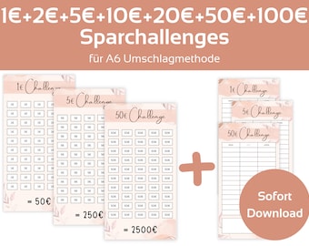 1 + 2 + 5 + 10 + 20 + 50 + 100 Euro Savings Challenge Set Aesthetics Challenges for Saving | For A6 Zipper Envelope Method | Instant PDF Download