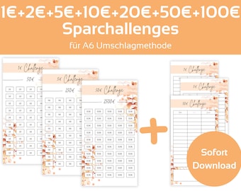 1 + 2 + 5 + 10 + 20 + 50 + 100 Euro Savings Challenge Set Autumnal Design Challenges for Saving | A6 Zipper Envelope Method | PDF Download