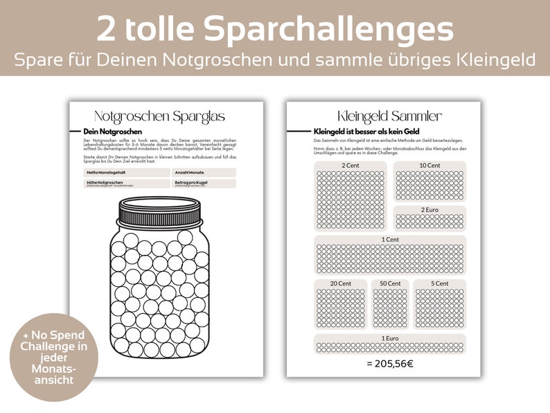 May include: Black and white printable chart with two sections. The left section is titled "Notgroschen Sparglas" and features a jar with circles inside. The right section is titled "Kleingeld Sammler" and has a grid of circles labeled with different coin denominations. The text "Kleingeld ist besser als kein Geld" is at the top of the right section. The text "= 205,56&euro;" is at the bottom of the right section.
