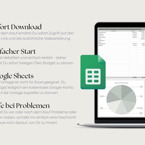 Puede incluir: Una pantalla de port&aacute;til que muestra una hoja de c&aacute;lculo de presupuesto digital con gr&aacute;ficos circulares y un icono verde de Google Sheets. El texto a la izquierda incluye los t&iacute;tulos: Sofort Download, Einfacher Start, Google Sheets y Hilfe bei Problemen.