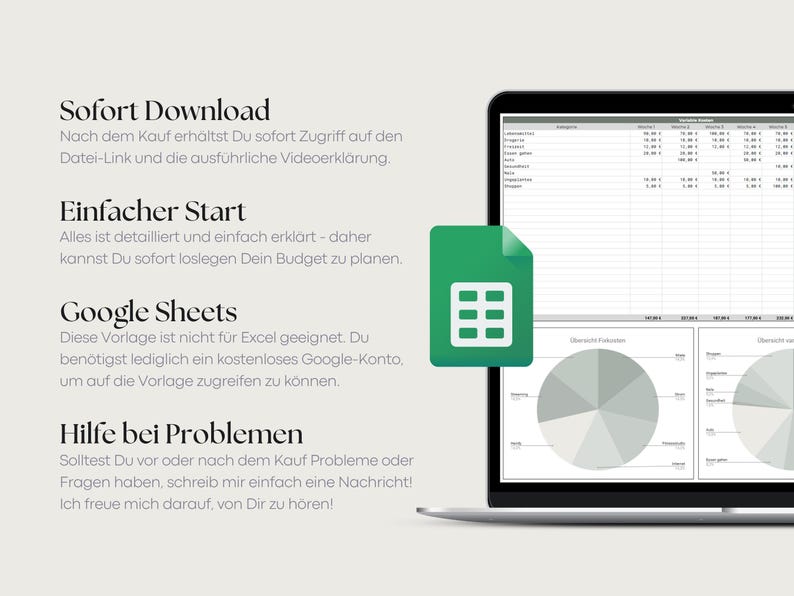 Puede incluir: Una pantalla de port&aacute;til que muestra una hoja de c&aacute;lculo de presupuesto digital con gr&aacute;ficos circulares y un icono verde de Google Sheets. El texto a la izquierda incluye los t&iacute;tulos: Sofort Download, Einfacher Start, Google Sheets y Hilfe bei Problemen.