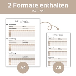 May include: Two printable sinking funds trackers in A4 and A5 sizes. The trackers have sections for the name of the fund, the target amount, the monthly contribution, and a calendar to track progress.