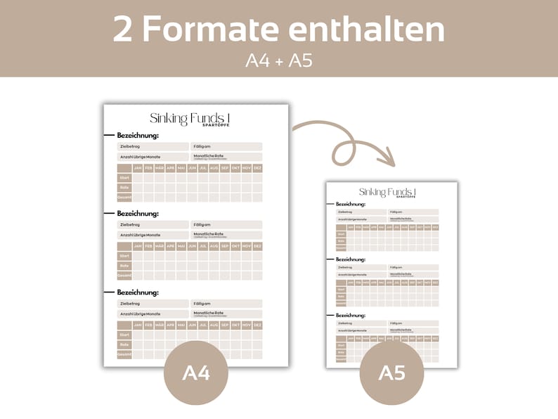 May include: Two printable sinking funds trackers in A4 and A5 sizes. The trackers have sections for the name of the fund, the target amount, the monthly contribution, and a calendar to track progress.