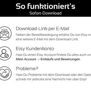 May include: A black and white graphic with the text "So funktioniert's" and "Sofort-Download". The image provides instructions on how to download a purchase from Etsy, including email delivery, Etsy account access, and troubleshooting.