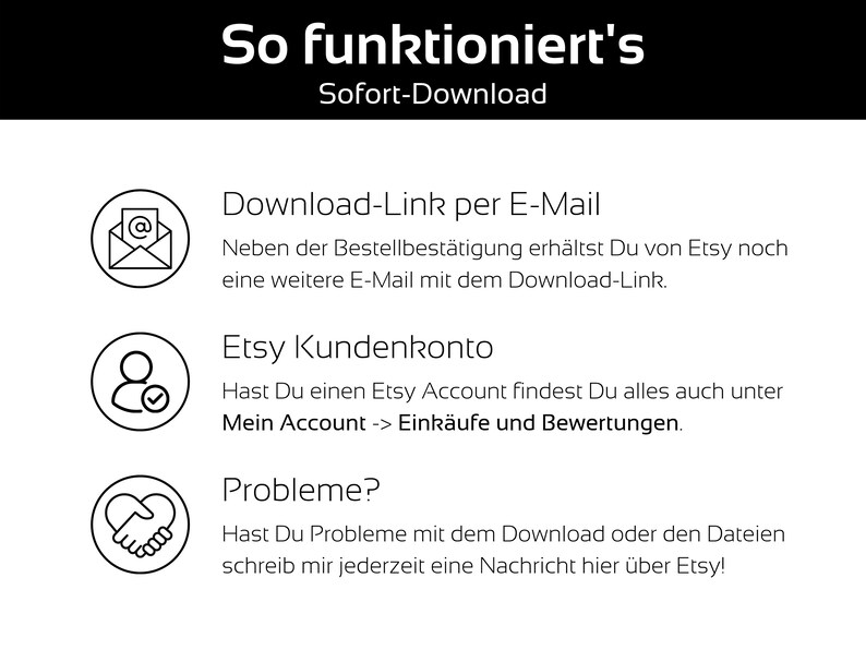 May include: A black and white graphic with the text "So funktioniert's" and "Sofort-Download". The image provides instructions on how to download a purchase from Etsy, including email delivery, Etsy account access, and troubleshooting.