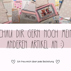 May include: A collection of pink and white stationery items, including a planner, a pencil case, stickers, and a notebook. The text "SCHAU DIR GERN NOCH MEINE ANDEREN ARTIKEL AN :)" is written in black on a pink background. The text "Ich freu mich &uuml;ber jede Bestellung" is written in black on a white background with a pink heart on each side.