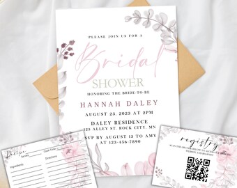 Bridal Shower Invitation Recipe Card, Blush and Dusty Rose Bridal Shower Invitation, Bridal Brunch Invitation Printed, Bridal Brunch Bundle