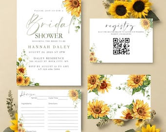 Bridal Shower Invitation Recipe Card, Sunflower Bridal Shower Invitation, Bridal Brunch Invitation Printed, Bridal Brunch Bundle, Sun Flower