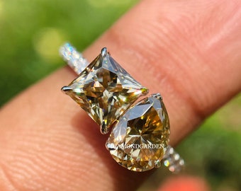 Pear Princess Cut Champagne Moissanite  Moissanite Engagement Ring, 14K White Gold Two Stone diamond Ring Doubel Diamond Toi Et Moi Ring