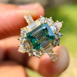 Emerald Cut Moissanite Ring, 14K Yellow Gold Emerald Cut Diamond Halo Ring Baguette Round Starburst Ring Vintage Art Deco Ballerina Ring