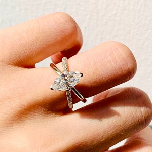 Marquise Cut Moissanite Solitaite Engagement Ring, 14K Yellow Gold Double Band Ring, Cross Band Ring, Minimalist Ring,Wedding Ring Love Ring