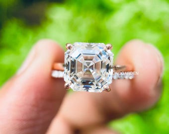 Pierścionek zaręczynowy z moissanitem o szlifie Asscher 2,0 CT, zestaw pierścionków ze złota żółtego 14K dla kobiet, pierścionek z soliterem o szlifie Asscher, obrączka ślubna z mikro brukiem