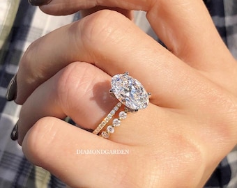 Anillo de compromiso de moissanita de talla ovalada de 3,0 CT con anillo solitario de diamantes de talla ovalada con regalo de alianza de boda a juego para su regalo de anillo de aniversario