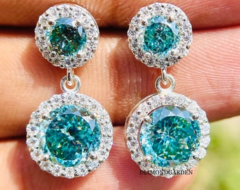 Portuguese Cut Moissanite Earring, 14K White Gold Blue Green Moissanite Halo Earring, Dangle Earring, Halo Stud Earring, Screw back Earring