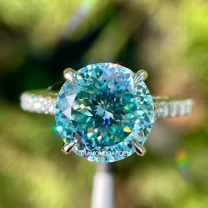 4.0 CT Portuguese Cut Moissanite Solitaire Engagement Ring, White Gold Hidden Halo Ring For Women, Blue Green Moissanite Wedding Ring Gift