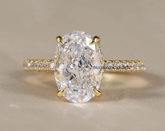 Anillo de compromiso de moissanita de talla ovalada de 3,0 quilates, anillo de boda con halo de oro amarillo de 18 quilates, anillo de aniversario solitario para mujer, acento de diamante de talla ovalada