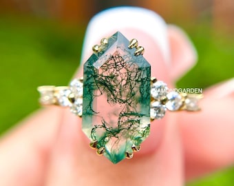 Anello di fidanzamento in agata muschiata verde vintage a forma esagonale, anello nuziale in oro giallo 10K, anello in agata muschiata di ispirazione naturale, regalo per la sua promessa