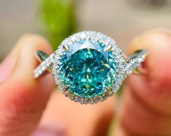 3.5 CT Portuguese Cut Moissanite Halo Engagement Ring, 14K White Gold Portuguese Cut Blue Green Moissanite Wedding Ring Twist Band Halo Ring