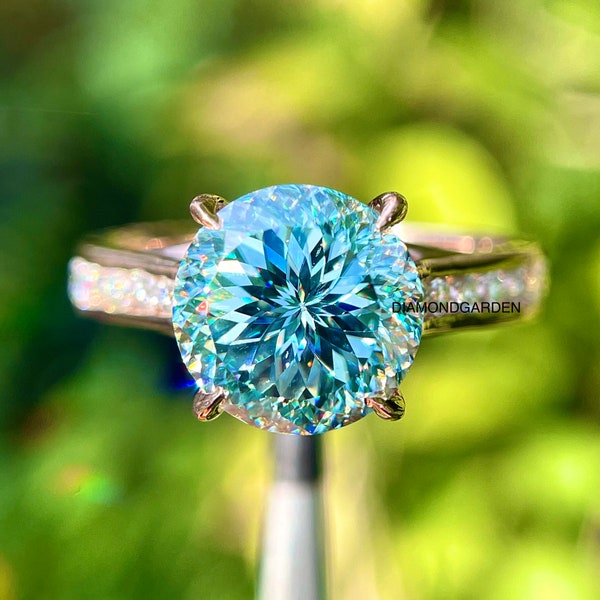 Vintage 3.5 CT Portuguese Cut Moissanite  Engagement Ring Cyan Blue Green  Portuguese cut moisssanite Wedding ring Channel set wedding Band