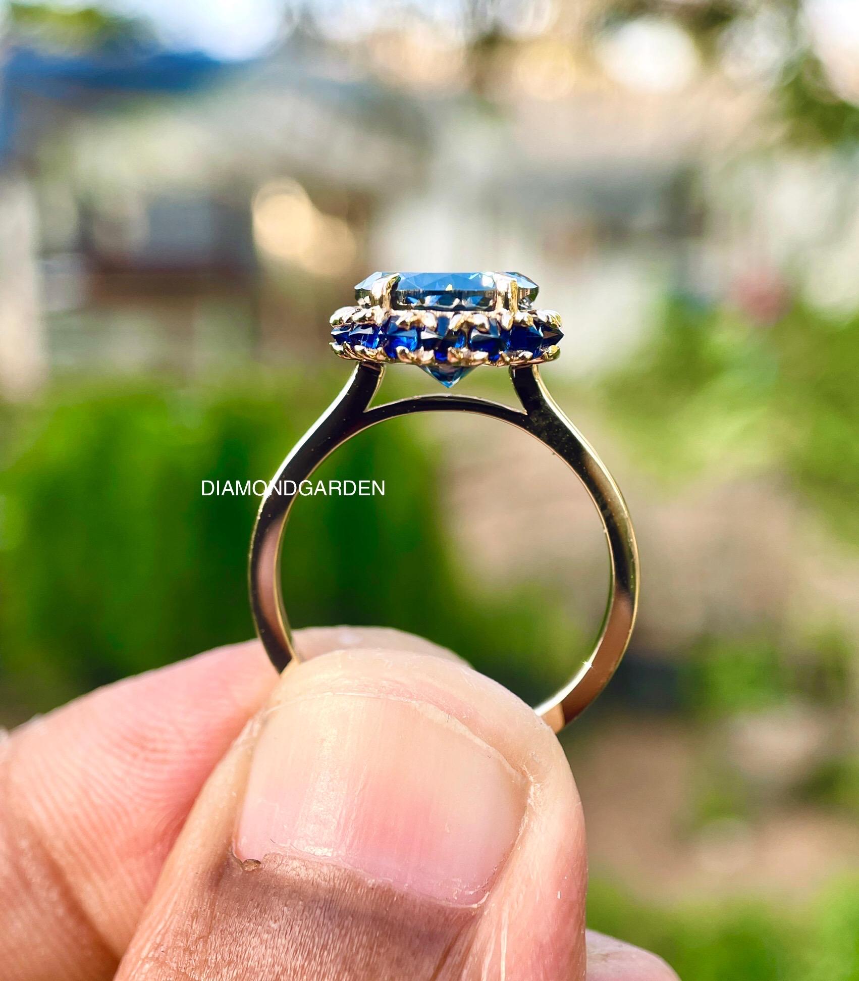 3.5 CT Portuguese Cut Sapphire Blue Moissanite Engagement Ring 14K Yellow Gold Solitaire Ring Halo Diamond Wedding Ring Love Ring Promise