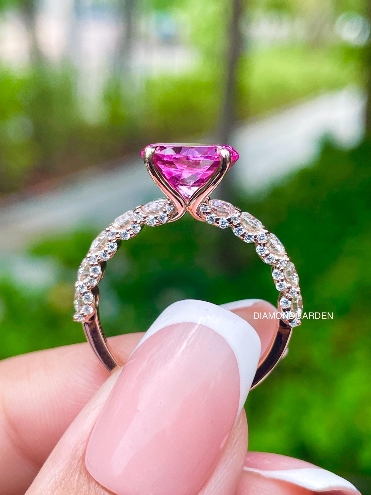Portuguese Cut Pink sapphire Engagement Ring 3 ct pink Lab grown sapphire Wedding ring 14K Rose Gold U prong set Eternity band love ring