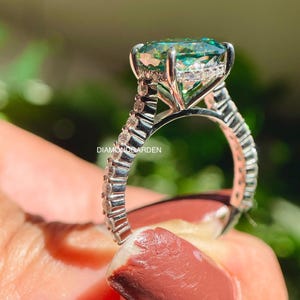 4.0 CT Portuguese Cut Moissanite Solitaire Engagement Ring, White Gold Hidden Halo Ring For Women, Blue Green Moissanite Wedding Ring Gift