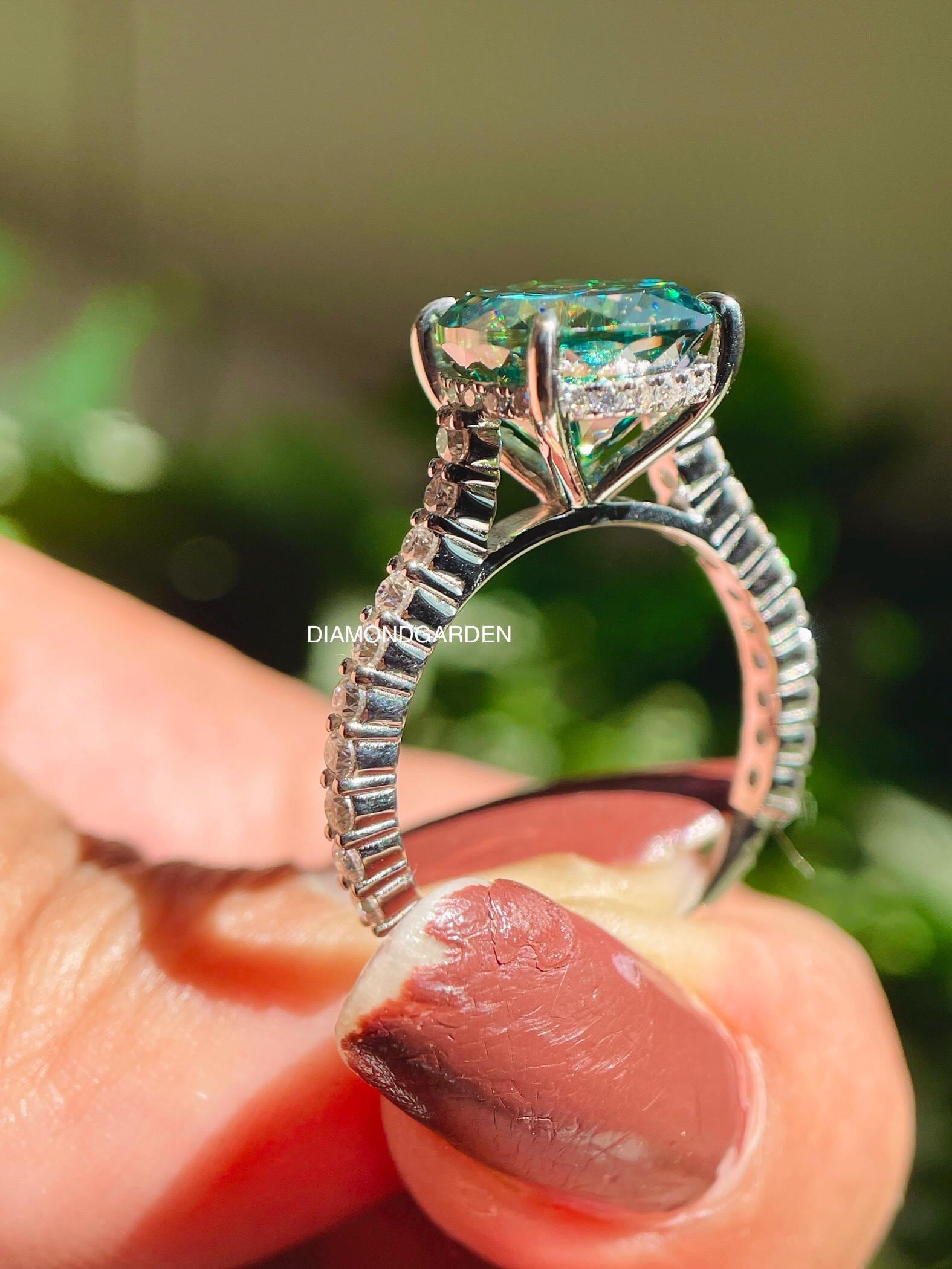 4.0 CT Portuguese Cut Moissanite Solitaire Engagement Ring, White Gold Hidden Halo Ring For Women, Blue Green Moissanite Wedding Ring Gift