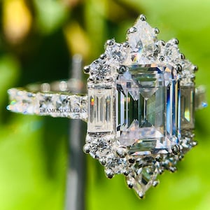Emerald Cut Moissanite Ring, 14K White Gold Emeald Cut Diamond Halo Ring, Baguette Round Starburst Ring, Vintage Art Deco Ballerina Ring