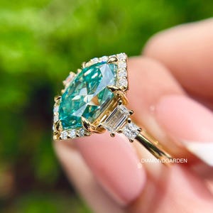 2.5 CT Dutch marquise Shap Engagement Ring 14K Yellow Gold blue Green Moissanite Ring Three Stone Ring Half Halo Ring Wedding Ring Love Ring