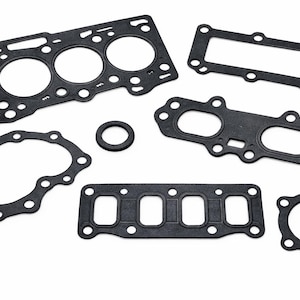 May include: A collection of black rubber gaskets of various shapes and sizes, including circular, rectangular, and irregularly shaped pieces with holes. These automotive parts are designed for sealing and are arranged against a white background.