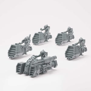May include: Five gray miniature models of futuristic vehicles with riders. The vehicles have a boxy design with detailed features, and the riders are in armored suits. The models are set against a plain white background.