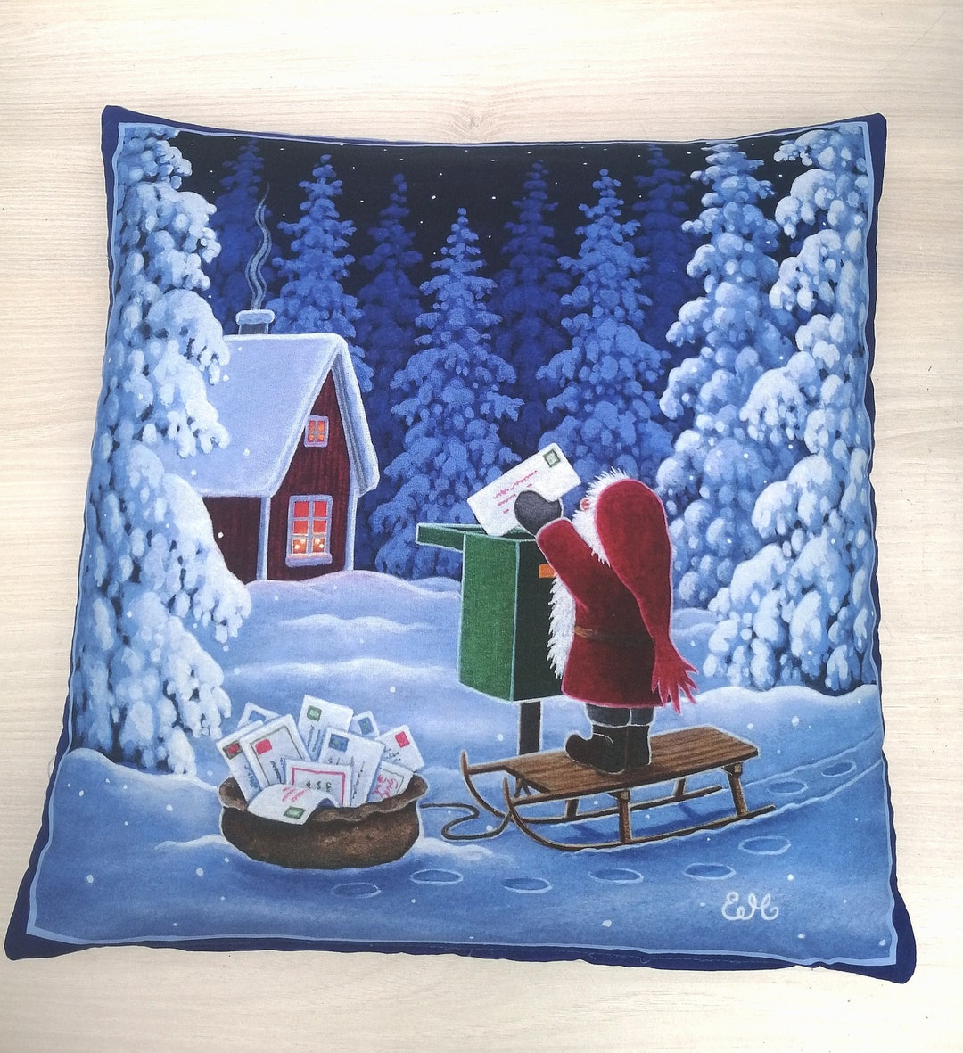 Christmas Cushion With Santa Claus Blue Christmas Cushion Etsy