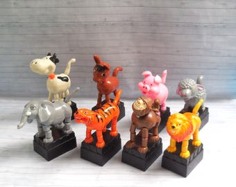 Zoo Farm  Animals Push Puppet - Press Up Toy - Wakouwa - Vintage - Plastic - Novelty - Thumb Toy - Pony Lion Tiger Elephant Lamb Pig Gorilla