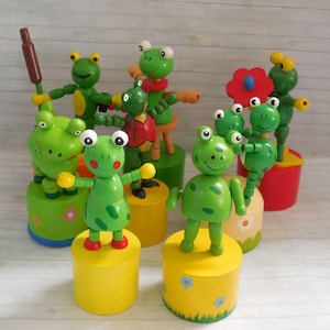A Frenzy of Frogs - Push Puppet - Press Up Toy - Wakouwa Wood - Novelty Christmas Stocking Filler Frog