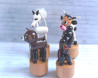Italian Push Puppet Animals -  Push Up - Wakouwa Wood - Novelty - Vintage  - Poodle Dog Bear Deer Goat Cow - Press Collapsing Pop-Up Toy