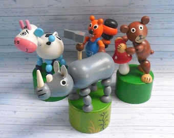 Push Puppet Selection #3  - Press Up Toy - Wakouwa - Wood Novelty Ornament - Cow Rhino Monkey Beaver