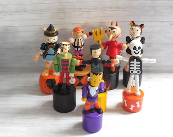 Halloween Push Puppet - Press Up Toy - Wakouwa  - Push Up - Vintage - Cat Frankenstein Pumpkin Dracula - Lot #1 - Vintage