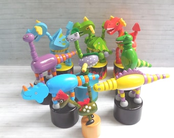 Dancing Dragons Dinosaurs  Push Puppet - Press Up Toy - Wakouwa - Jurassic Prehistoric Fantasy