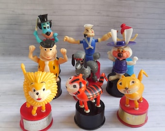 Vintage Push Puppet - Press Up Toy - Wakouwa  - Kohner - Lucky Lion - Candy Cat - Huckleberry Hound - Flintstone - Wilma - Fred - Pebbles