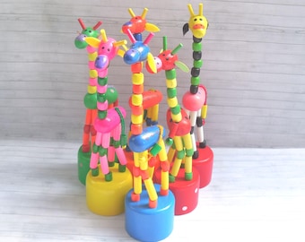 Jiggling Giraffe Push Puppet - Press Up Toy - Wakouwa Wood - Novelty Dancing - Push Up Collapsing - Zoo - New Bunch