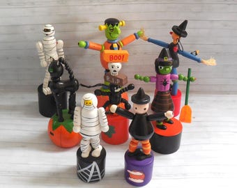 Halloween Push Puppet - Press Up Toy - Wakouwa  - Push Up - Vintage - Cat Skeleton Witch - Lot #2 - Vintage