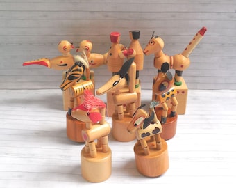 Rustic Rogues -  Push Puppet - Press Up Toy - Wakouwa Wood - Novelty - Dog Deer Fox Birds Monkey Boxers - Vintage Style
